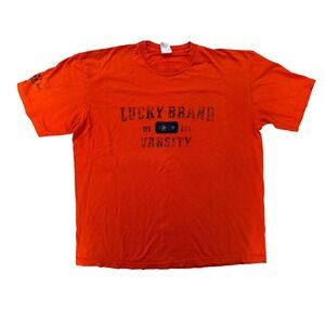 Vintage Lucky Brand T-Shirt Men's LG Orange Graphic Patch Sleeve‎ USA Cotton Y2K